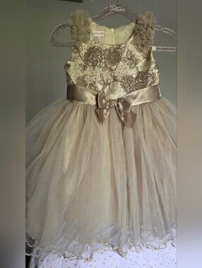 Girls' Champagne Floral Tulle Dress with Satin Bow